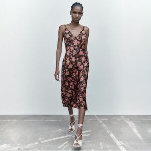 ZARA Black Pink Floral Lace Trim Midi Slip Dress Size S